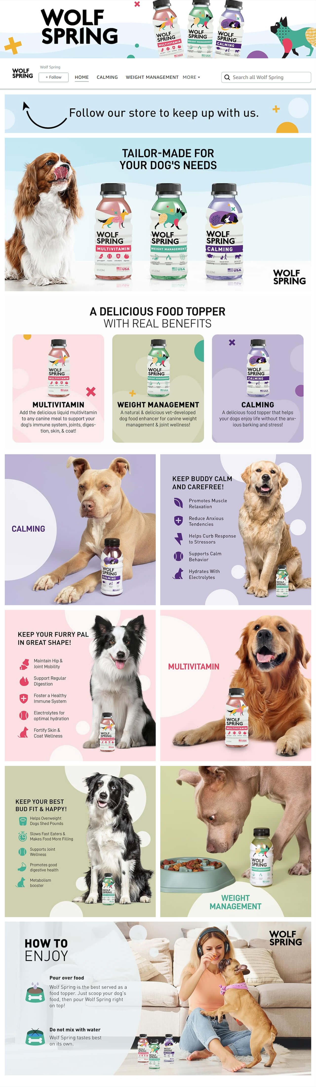 Wolf Spring Storefront: Bright, engaging visuals featuring a dynamic product display for pet wellness.